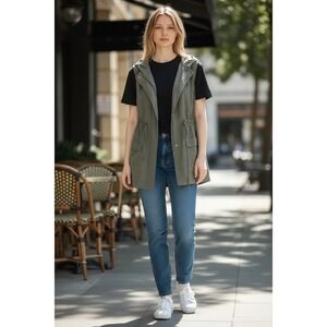 Be Cool Los Angeles Olive Green Hooded Utility Vest Sleeveless Drawstring S